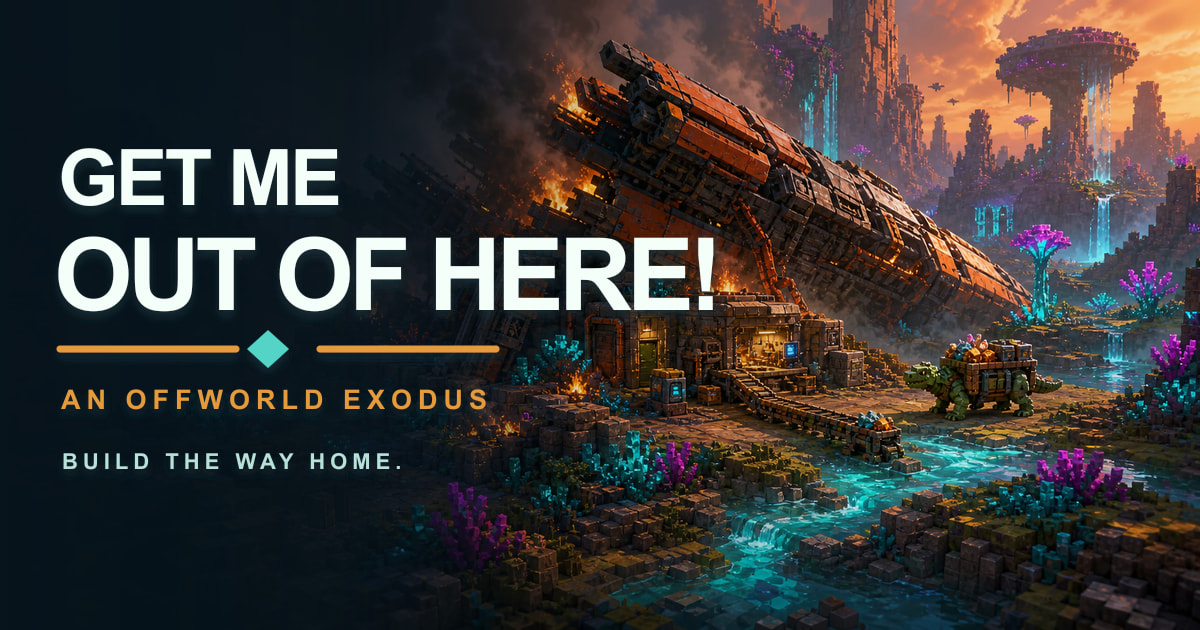 A flaming wrecked spacecraft becoming a voxel factory beside luminous alien water in Get Me Out of Here