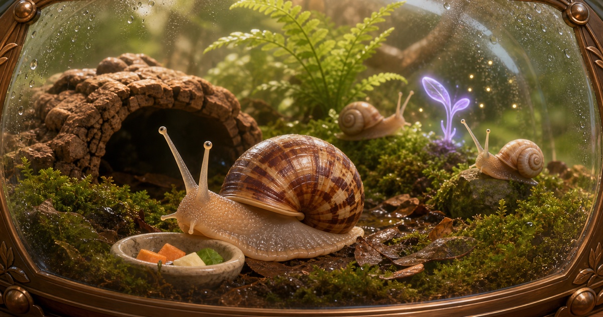 Cute snails exploring a lush glass terrarium in Snail Terrarium